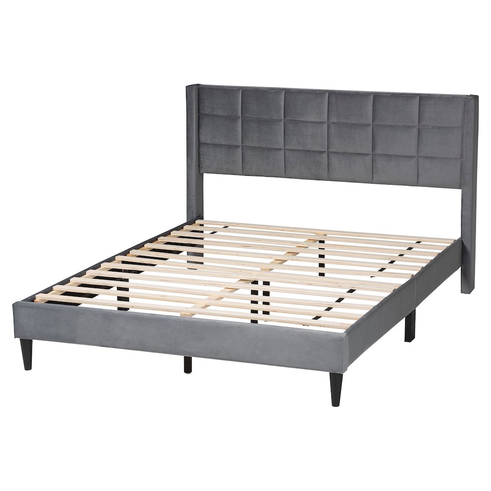 Payne Modern Glam Grey Velvet and Dark Brown Wood Queen Bed