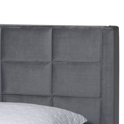 Payne Modern Glam Grey Velvet and Dark Brown Wood Queen Bed