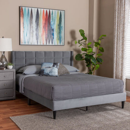 Payne Modern Glam Grey Velvet and Dark Brown Wood Queen Bed
