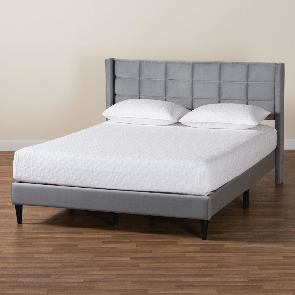Payne Modern Glam Grey Velvet and Dark Brown Wood Queen Bed