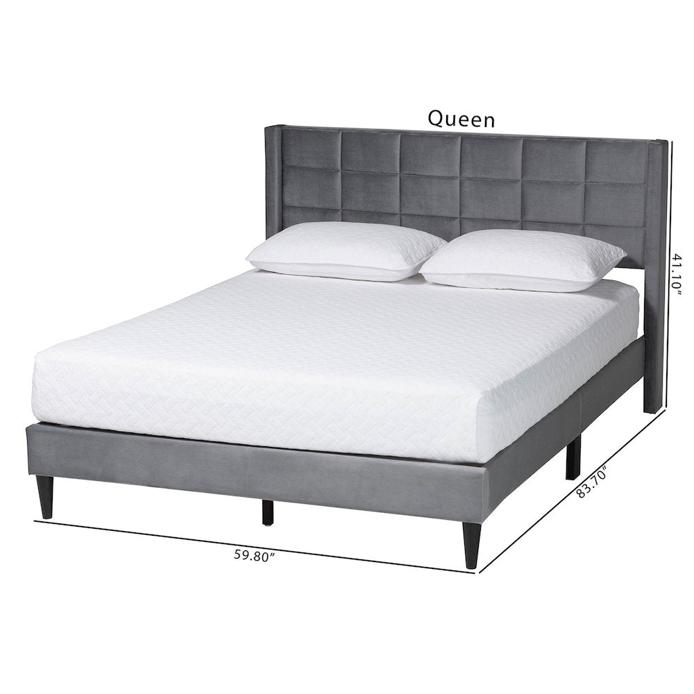 Payne Modern Glam Grey Velvet and Dark Brown Wood Queen Bed