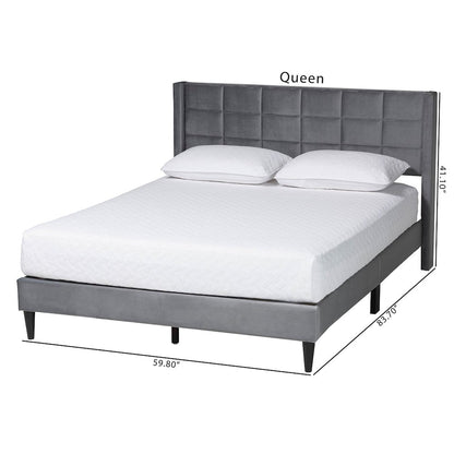 Payne Modern Glam Grey Velvet and Dark Brown Wood Queen Bed