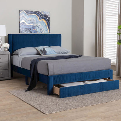 Elora Modern Navy Blue Pleated Velvet Queen Size Storage Bed