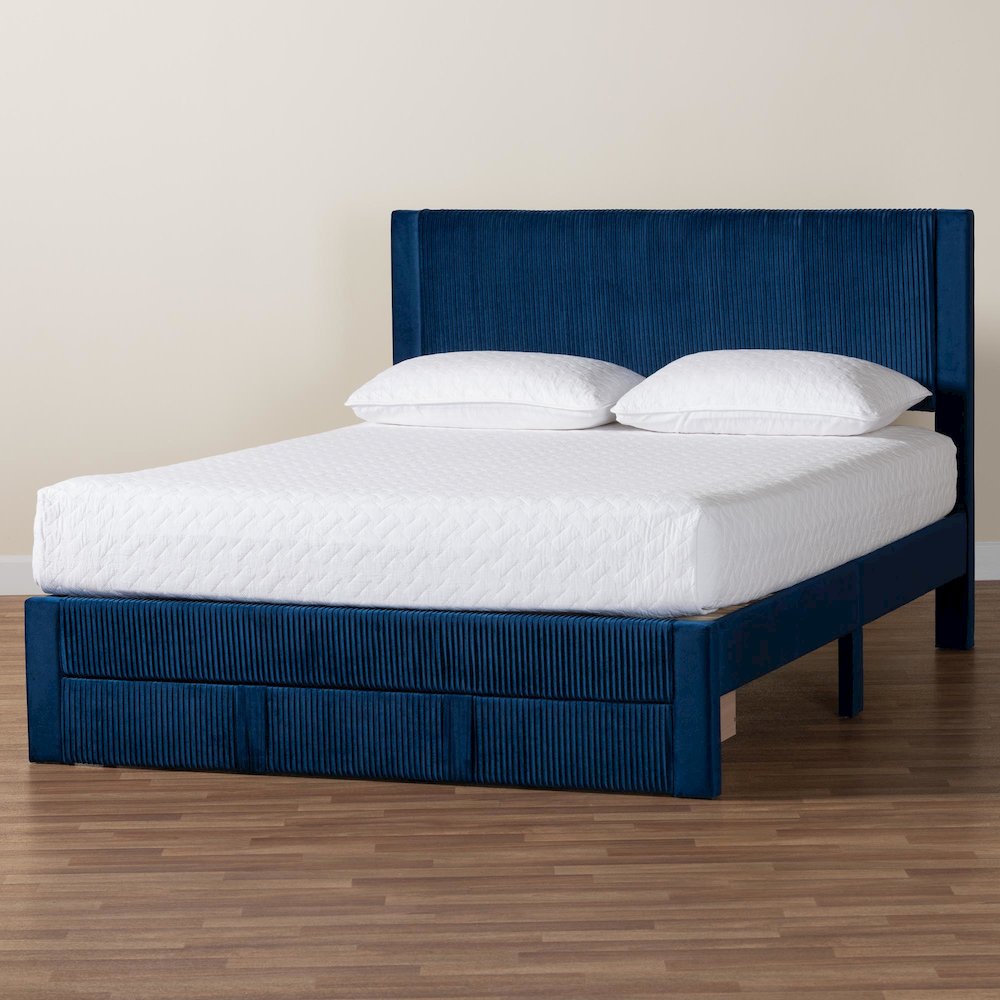 Elora Modern Navy Blue Pleated Velvet Queen Size Storage Bed