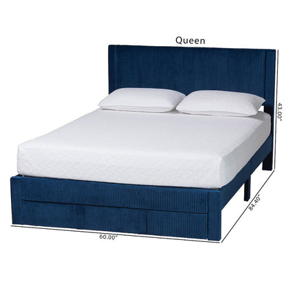 Elora Modern Navy Blue Pleated Velvet Queen Size Storage Bed