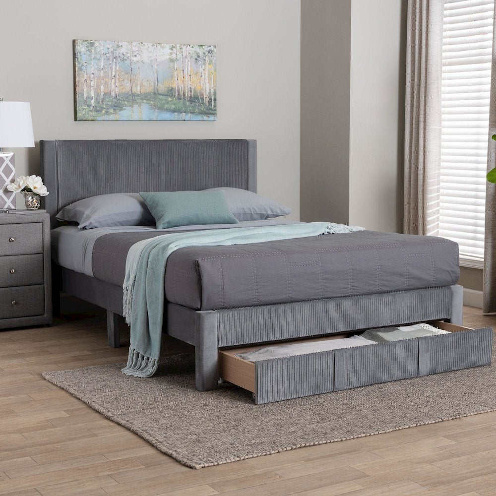 Elora Modern Grey Pleated Velvet Queen Size Storage Bed