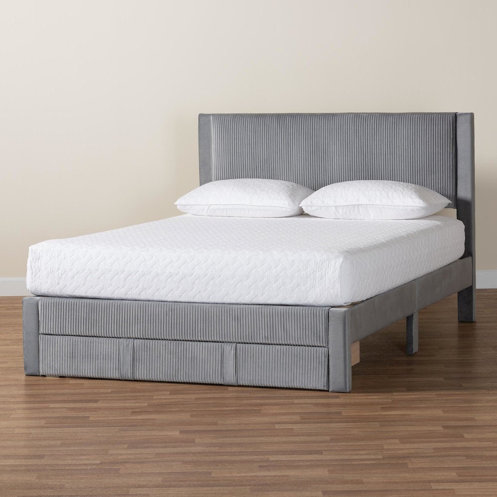 Elora Modern Grey Pleated Velvet Queen Size Storage Bed
