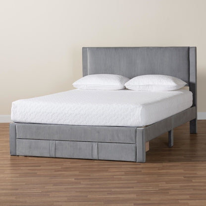 Elora Modern Grey Pleated Velvet Queen Size Storage Bed