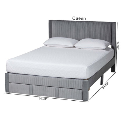 Elora Modern Grey Pleated Velvet Queen Size Storage Bed