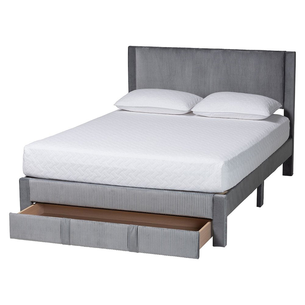 Elora Modern Grey Pleated Velvet Queen Size Storage Bed