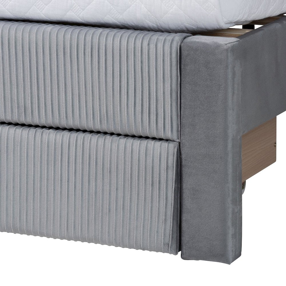 Elora Modern Grey Pleated Velvet Queen Size Storage Bed