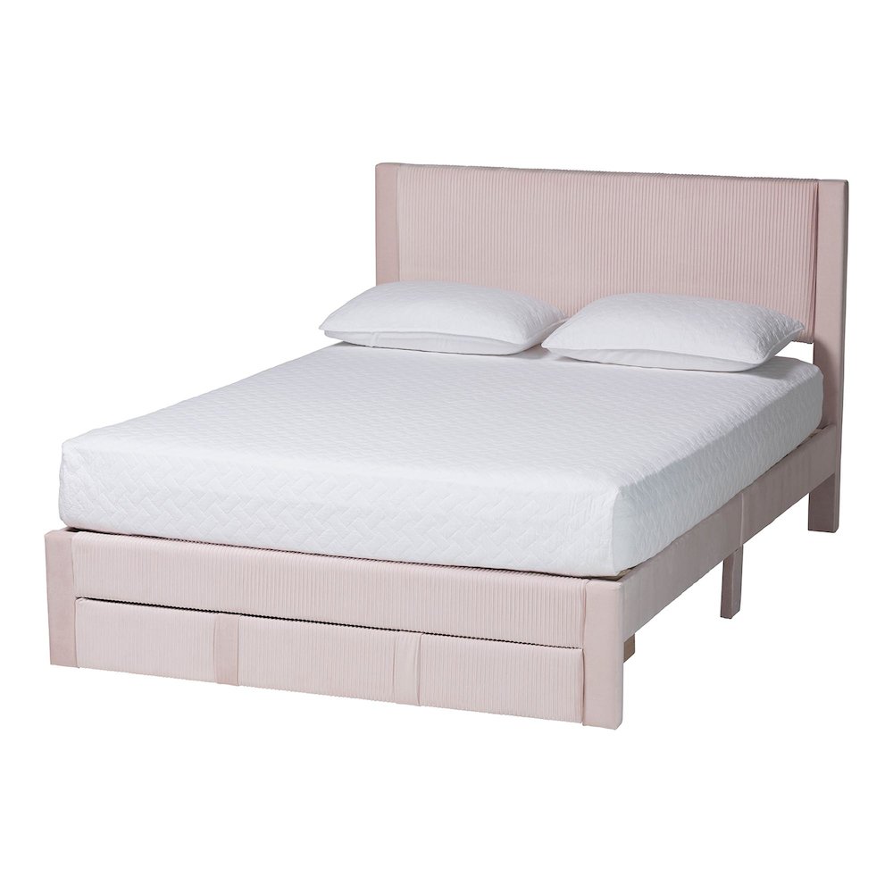 Elora Modern Light Pink Pleated Velvet Queen Size Storage Bed