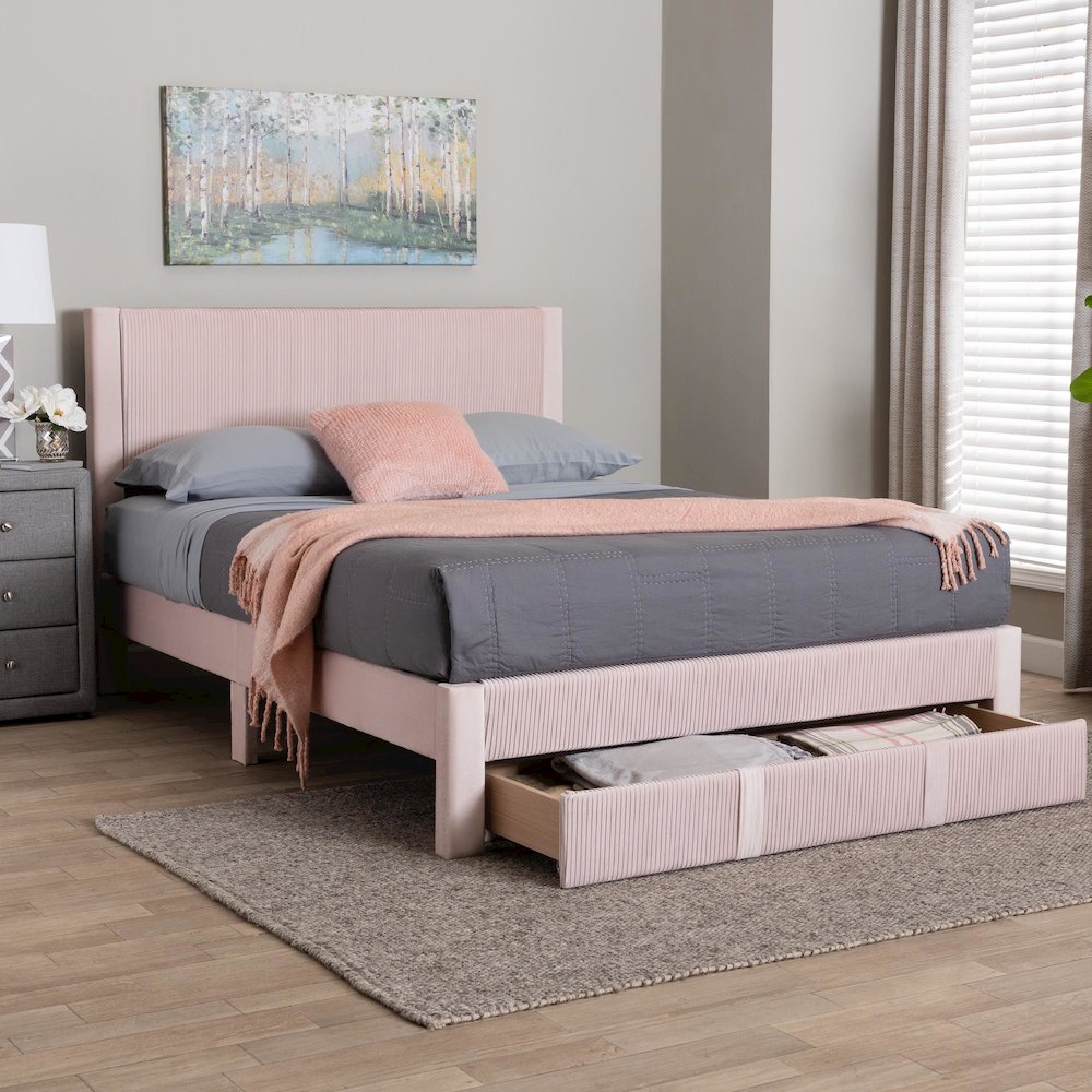 Elora Modern Light Pink Pleated Velvet Queen Size Storage Bed
