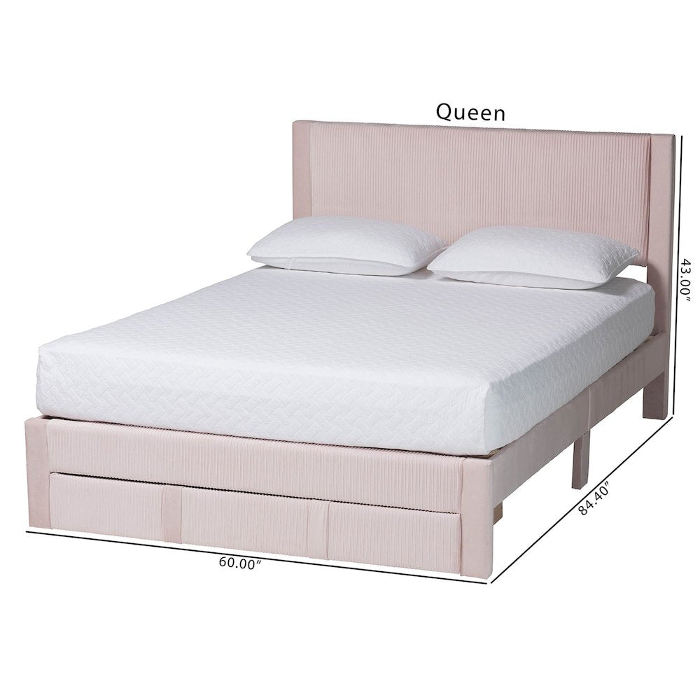 Elora Modern Light Pink Pleated Velvet Queen Size Storage Bed