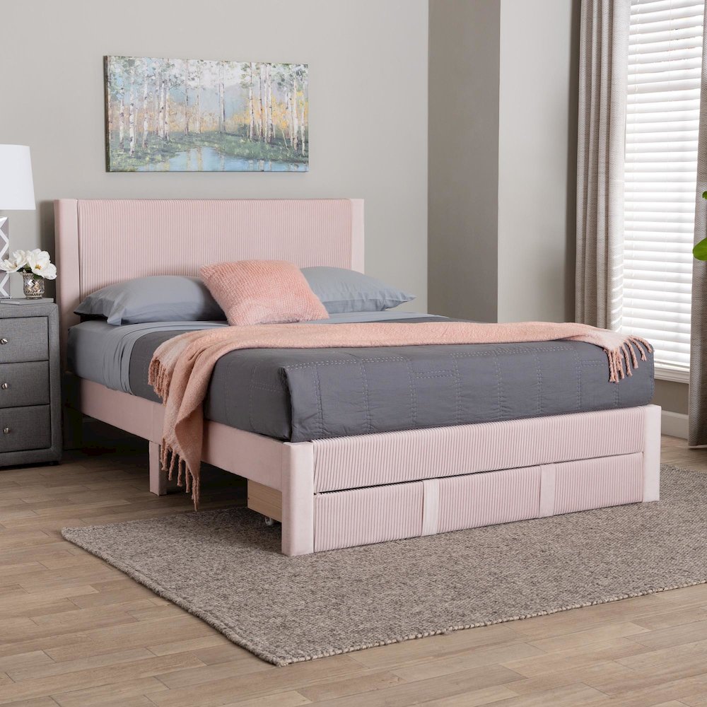 Elora Modern Light Pink Pleated Velvet Queen Size Storage Bed