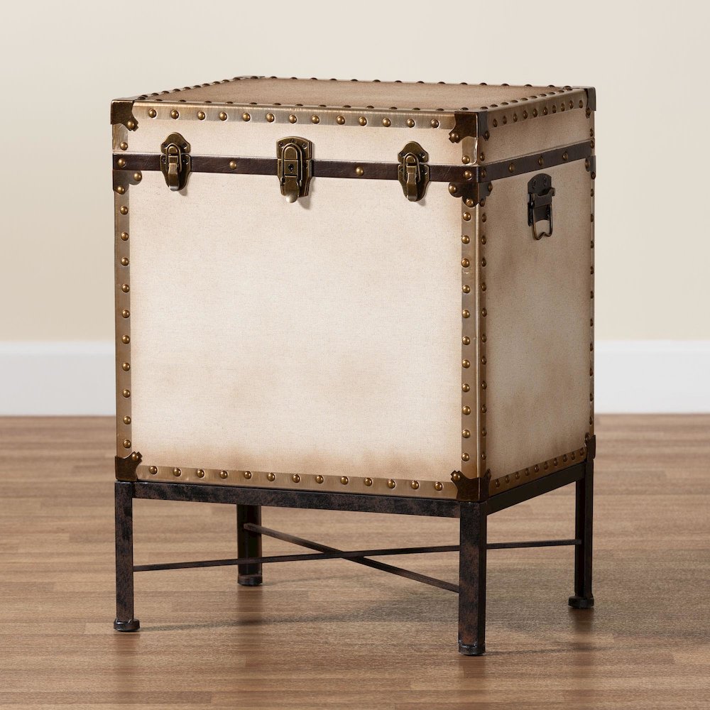 Laura Vintage White Canvas Lift-Top Trunk End Table