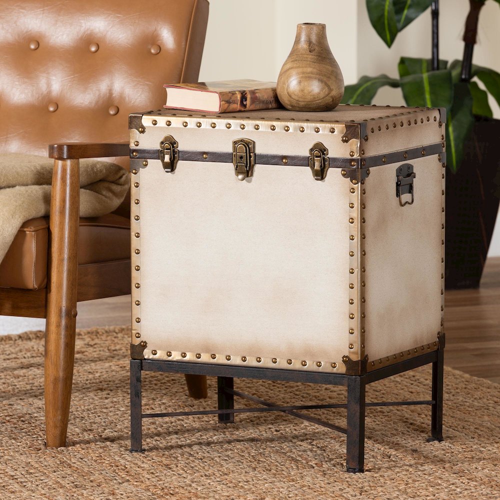 Laura Vintage White Canvas Lift-Top Trunk End Table