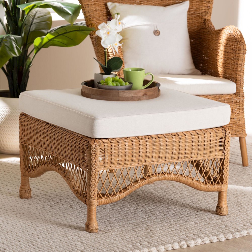 Brooklyn Bohemian Light Honey Braided Rattan Ottoman Stool