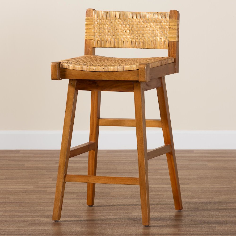 Asgart Bohemian Natural Rattan and Mahogany Wood Bar Stool