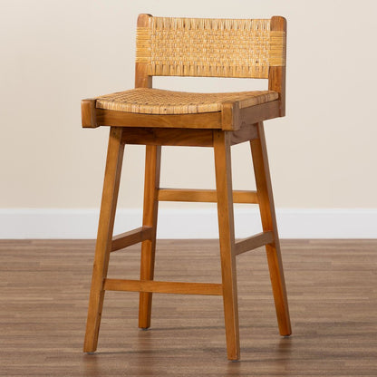 Asgart Bohemian Natural Rattan and Mahogany Wood Bar Stool