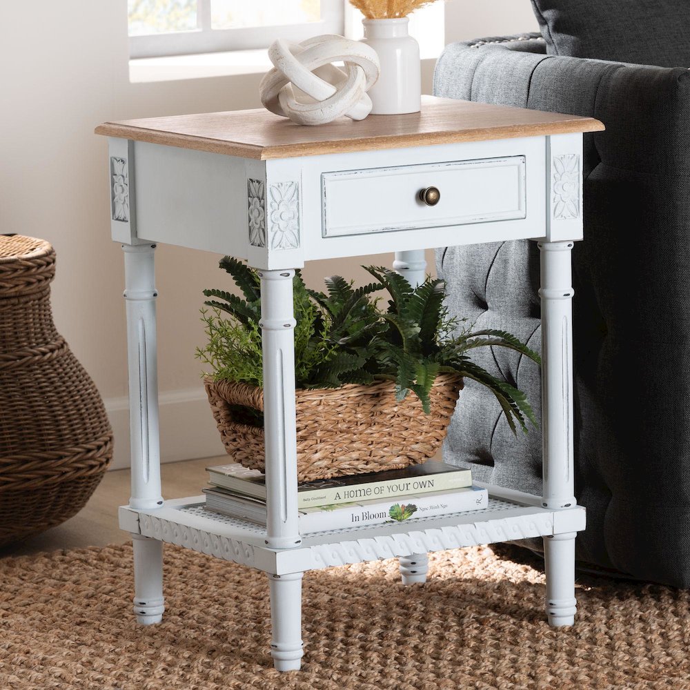 Legrand Classic French Two-Tone White and Natural Brown 1-Drawer End Table