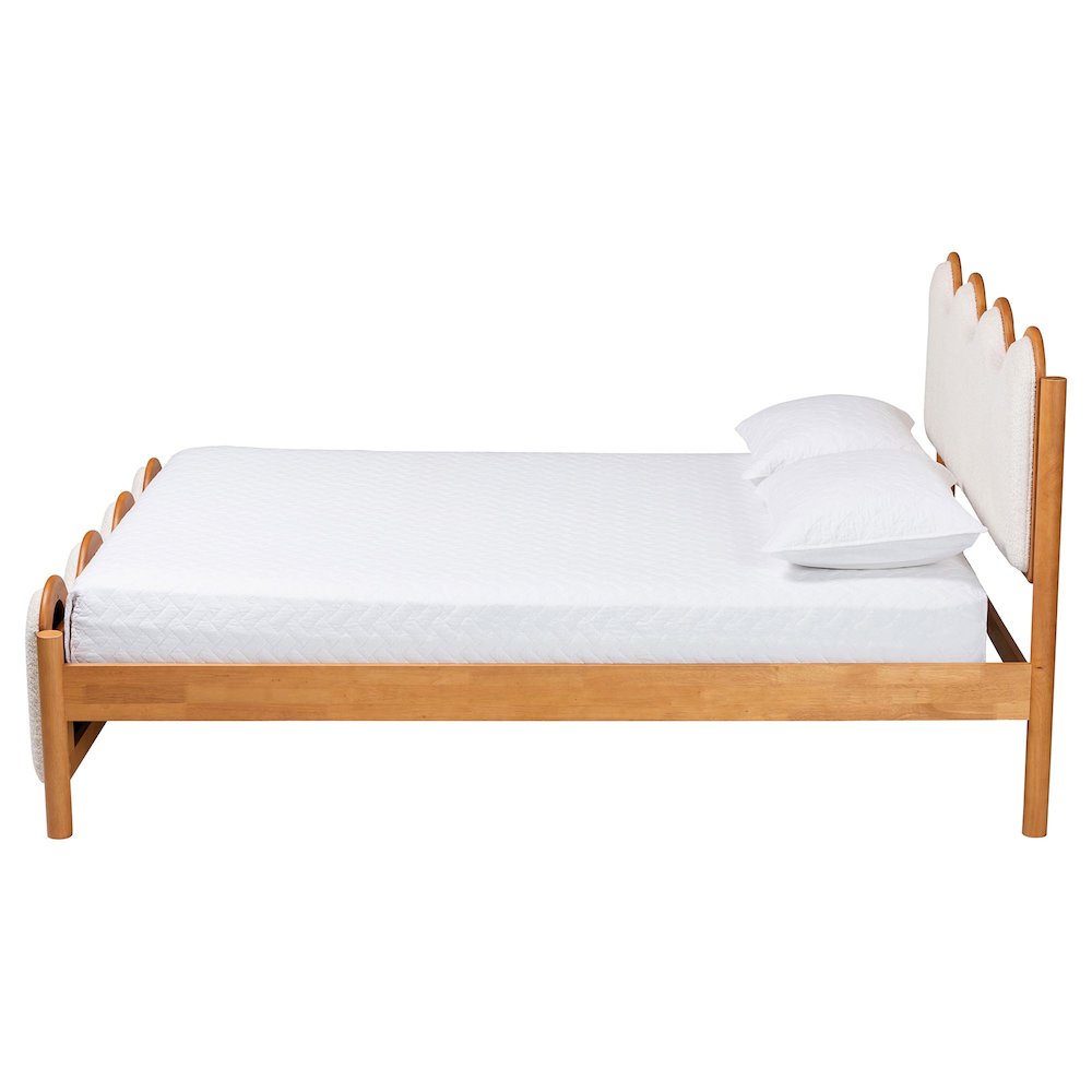 Modern Scalloped Cream Boucle and Oak Brown Wood Queen Platform Bed