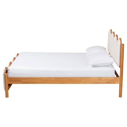 Modern Scalloped Cream Boucle and Oak Brown Wood Queen Platform Bed