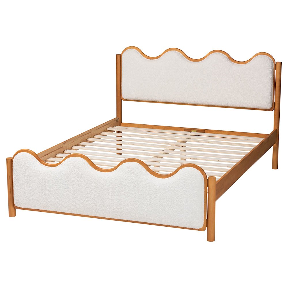 Modern Scalloped Cream Boucle and Oak Brown Wood Queen Platform Bed