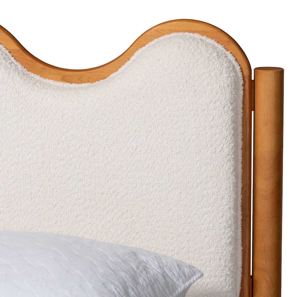 Modern Scalloped Cream Boucle and Oak Brown Wood Queen Platform Bed