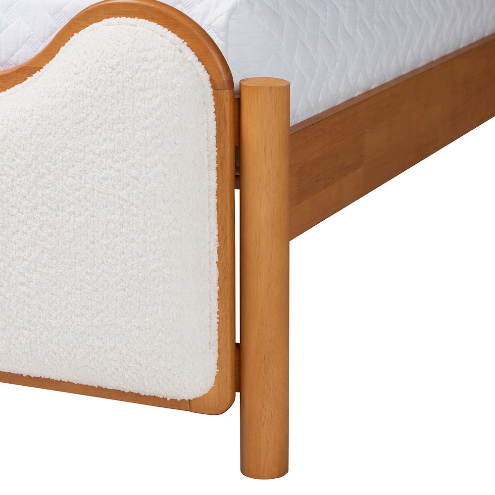 Modern Scalloped Cream Boucle and Oak Brown Wood Queen Platform Bed