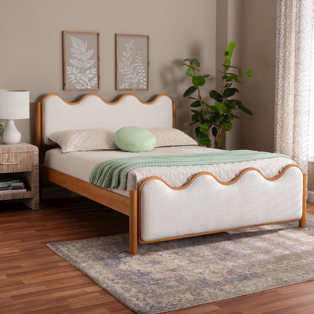 Modern Scalloped Cream Boucle and Oak Brown Wood Queen Platform Bed