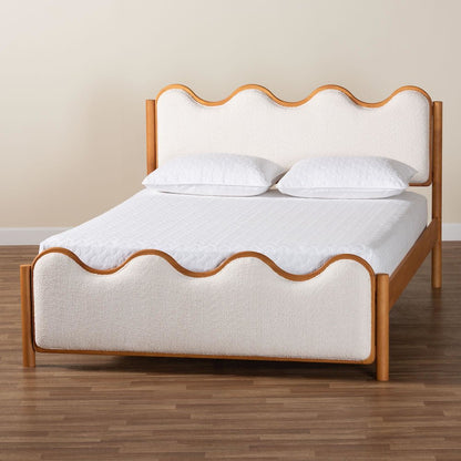 Modern Scalloped Cream Boucle and Oak Brown Wood Queen Platform Bed