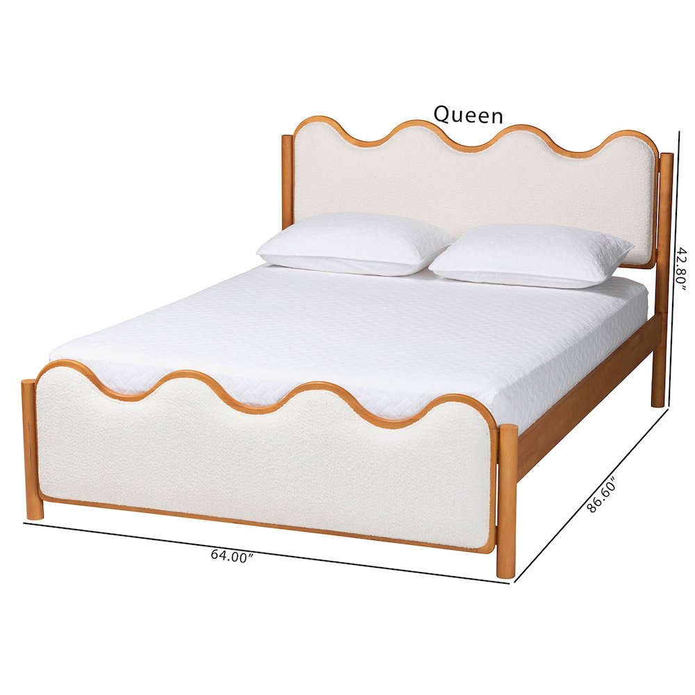 Modern Scalloped Cream Boucle and Oak Brown Wood Queen Platform Bed