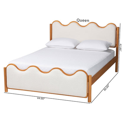 Modern Scalloped Cream Boucle and Oak Brown Wood Queen Platform Bed