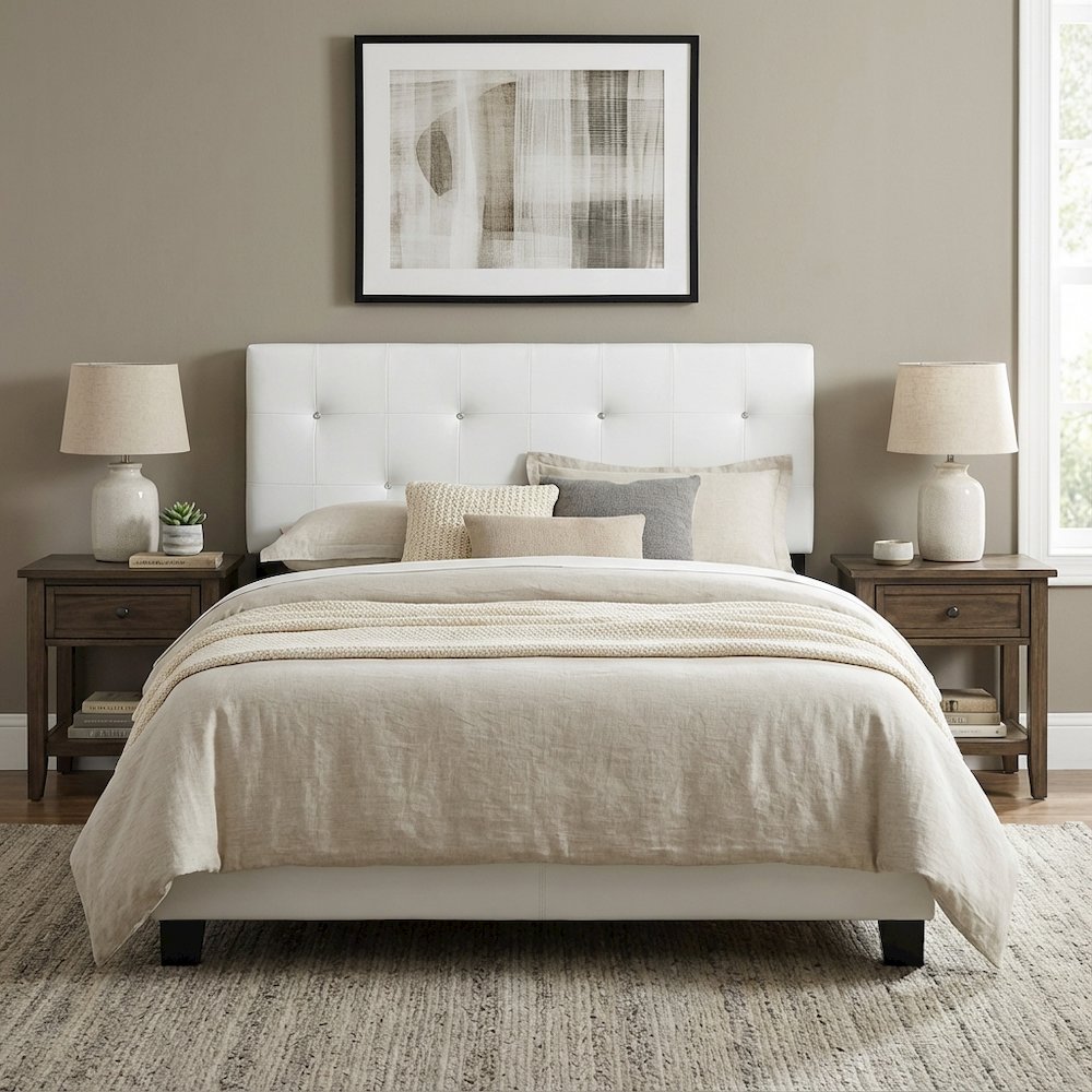 White Faux Leather Headboard Full Size with PU Foam Padding and Wood Frame
