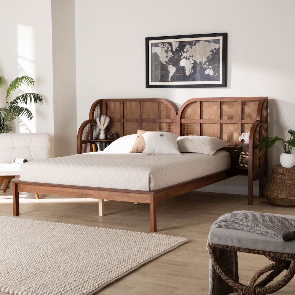 Cascadia Mid-Century Modern Walnut Brown Wood Queen Size Wingback Platform Bed