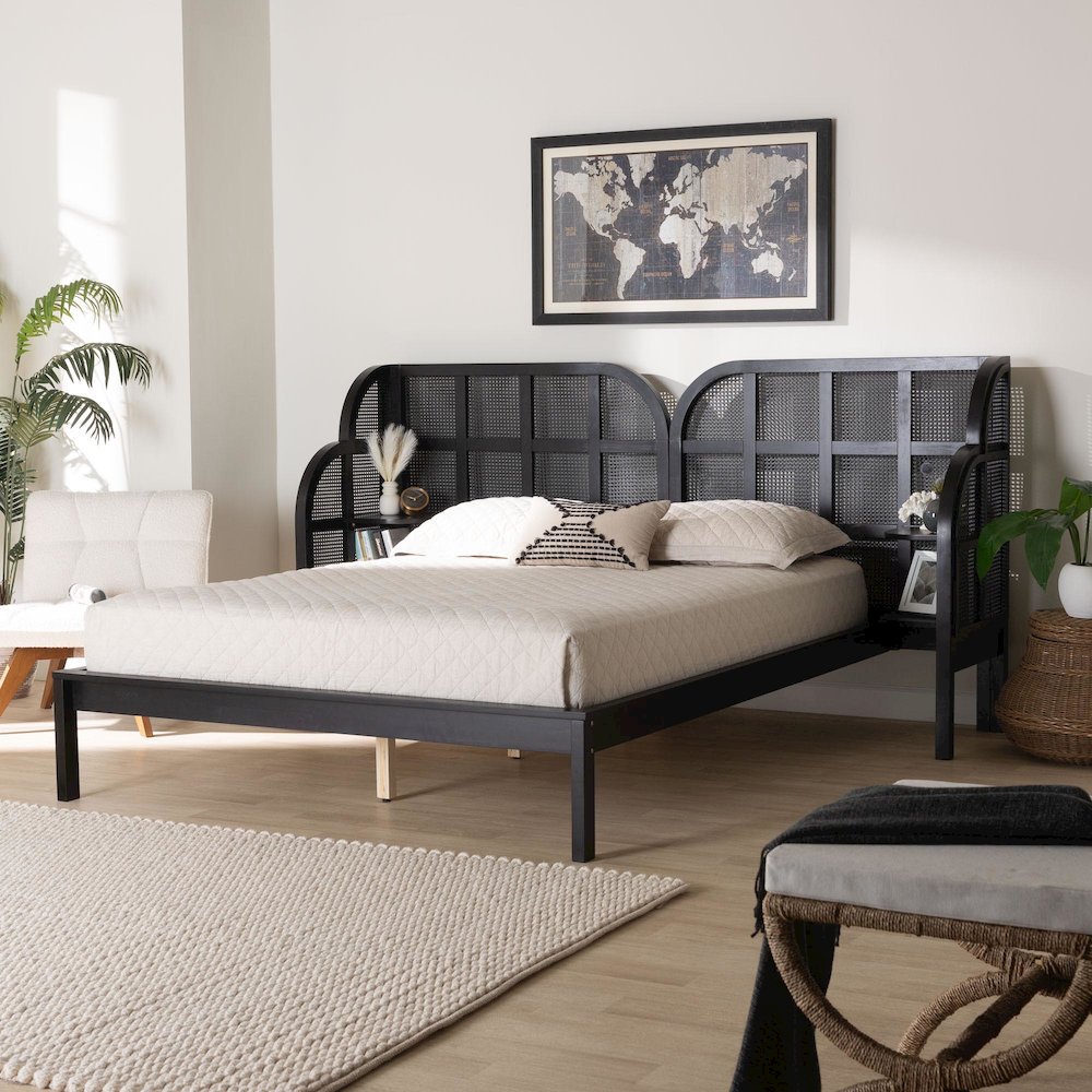 Cascadia Mid-Century Modern Ebony Black Wood Queen Size Wingback Platform Bed