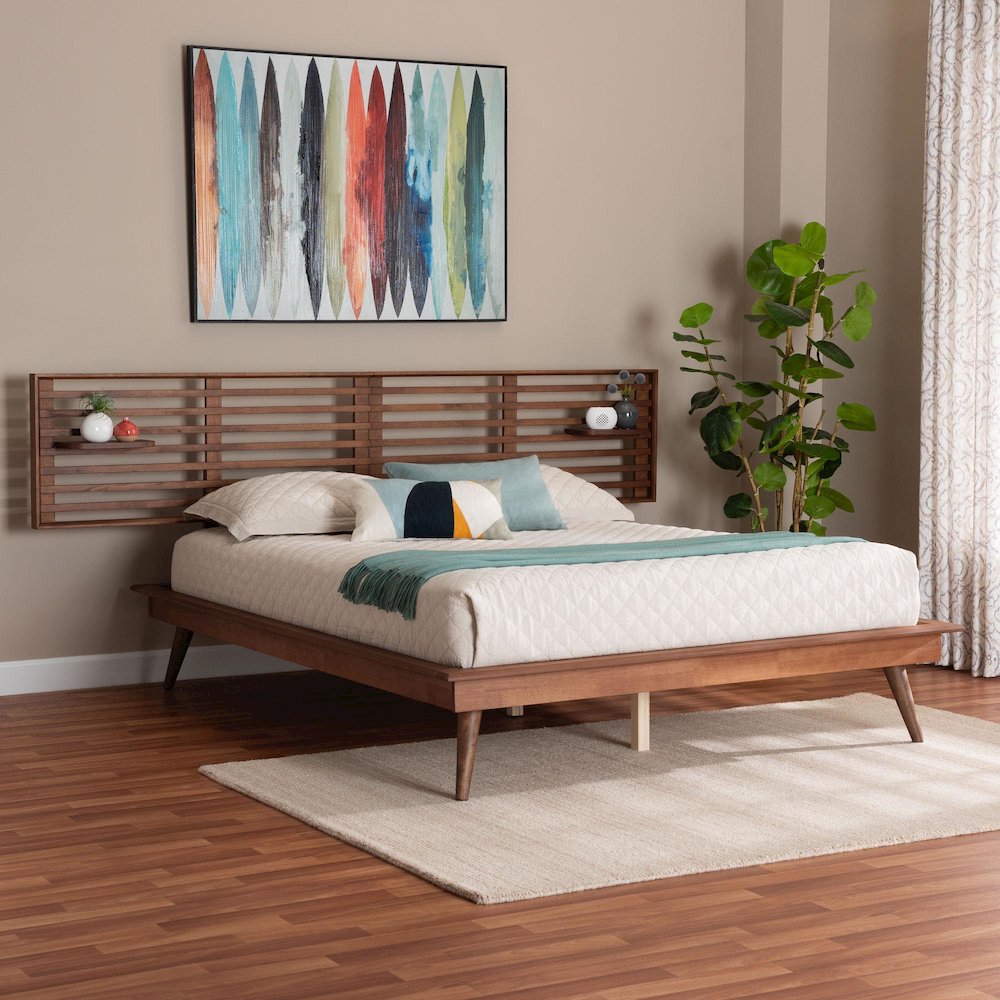 Elvina Mid-Century Transitional Ash Walnut Wood Queen Size Platform Bed