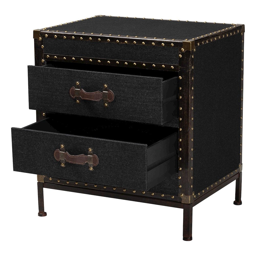 Laura Vintage Black Canvas 2-Drawer End Table Trunk