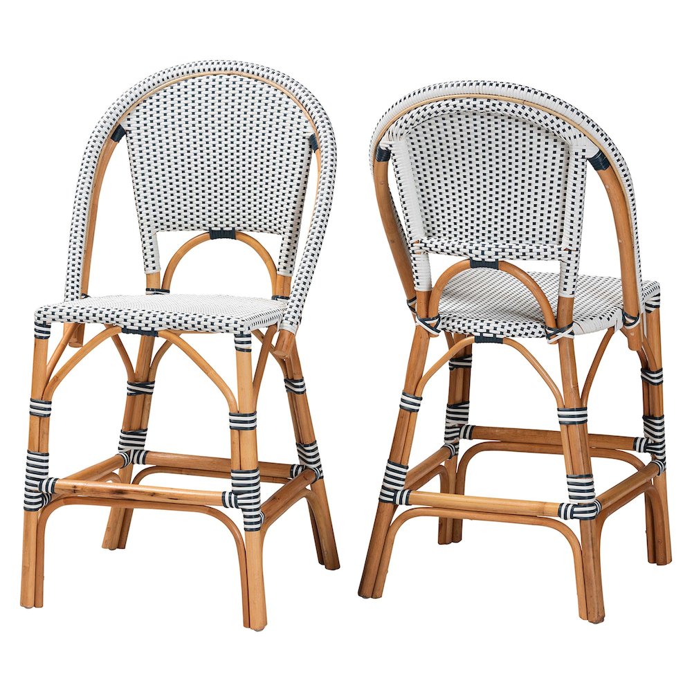 Two-Tone Navy and White Weaving and Natural Rattan 2-Piece Counter Stool Set