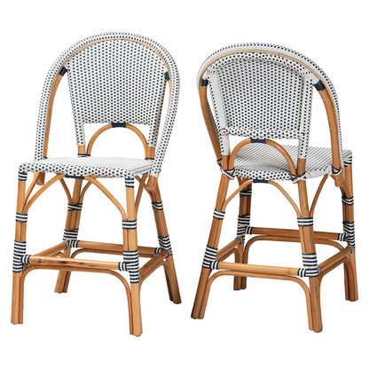 Two-Tone Navy and White Weaving and Natural Rattan 2-Piece Counter Stool Set