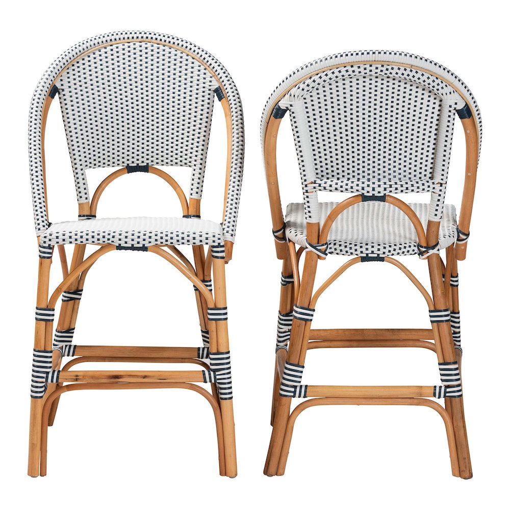 Two-Tone Navy and White Weaving and Natural Rattan 2-Piece Counter Stool Set