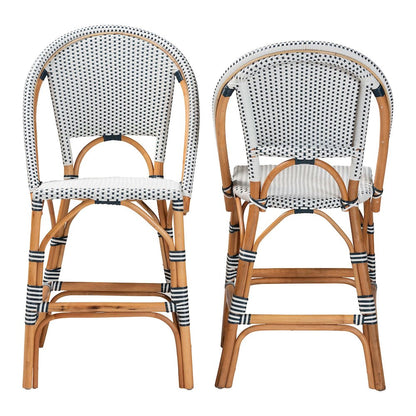 Two-Tone Navy and White Weaving and Natural Rattan 2-Piece Counter Stool Set
