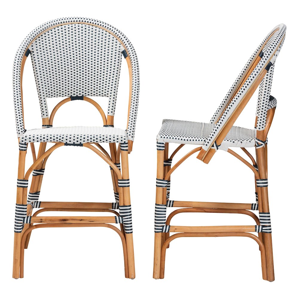 Two-Tone Navy and White Weaving and Natural Rattan 2-Piece Counter Stool Set