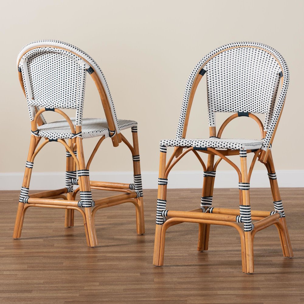 Two-Tone Navy and White Weaving and Natural Rattan 2-Piece Counter Stool Set