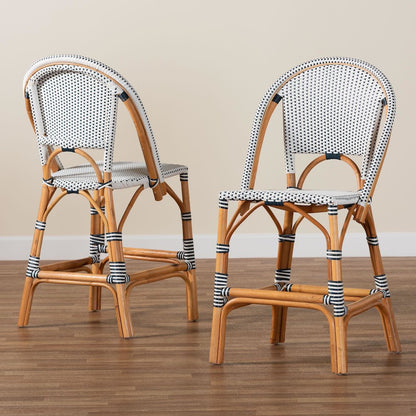 Two-Tone Navy and White Weaving and Natural Rattan 2-Piece Counter Stool Set