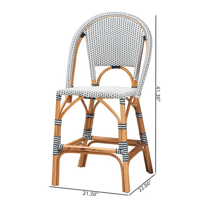 Two-Tone Navy and White Weaving and Natural Rattan 2-Piece Counter Stool Set