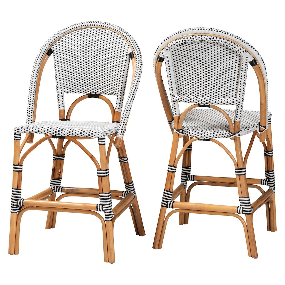 Two-Tone Black and White Weaving and Natural Rattan 2-Piece Counter Stool Set