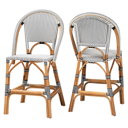 Two-Tone Black and White Weaving and Natural Rattan 2-Piece Counter Stool Set