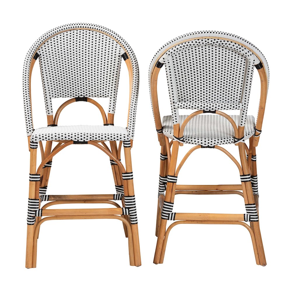 Two-Tone Black and White Weaving and Natural Rattan 2-Piece Counter Stool Set